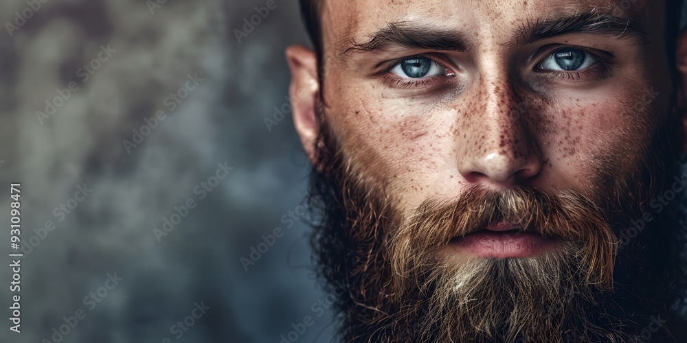 A man with a beard and blue eyes. He has a serious look on his face. Concept of maturity and confidence A man with a beard and blue eyes. He has a serious look on his face. Concept of maturity and confidence