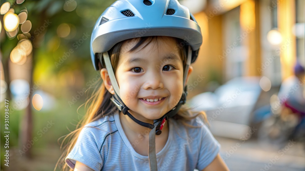 a beautiful and cute little girl wearing a blue bike helmet, looking at the camera and smiling. kid or child checking safety before driving a bike outdoors in the summer a beautiful and cute little girl wearing a blue bike helmet, looking at the camera and smiling. kid or child checking safety before driving a bike outdoors in the summer