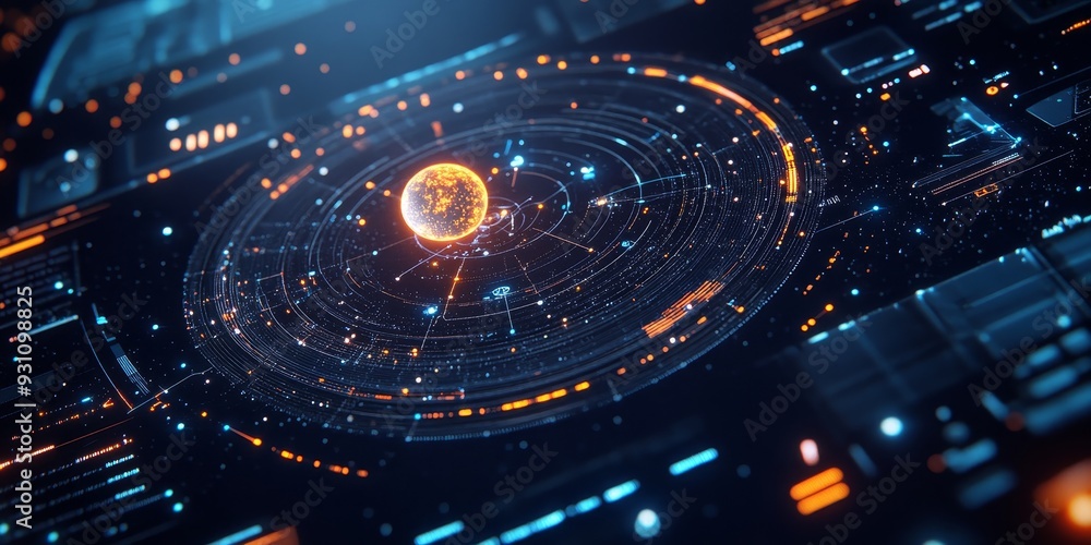 Obraz premium Close-up of a space-themed interactive UI with real-time orbit tracking, touch-sensitive controls, and 3D celestial visualizations