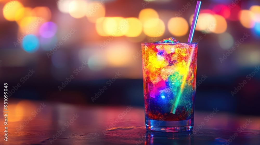 A vibrant, colorful drink with a straw, glowing with a mix of bright hues, set against a blurred backdrop. A vibrant, colorful drink with a straw, glowing with a mix of bright hues, set against a blurred backdrop.