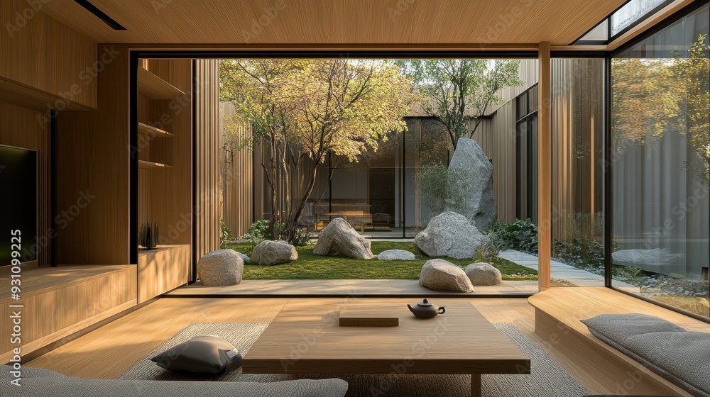 A minimalist living room with floor-to-ceiling windows, a low wooden table, and a serene garden courtyard view. A minimalist living room with floor-to-ceiling windows, a low wooden table, and a serene garden courtyard view.