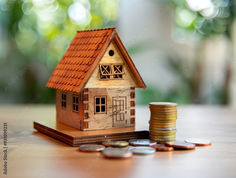 A wooden house with a pile of coins on top of it. The coins are of different sizes and colors, and they are stacked on top of each other. Concept of wealth and prosperity A wooden house with a pile of coins on top of it. The coins are of different sizes and colors, and they are stacked on top of each other. Concept of wealth and prosperity