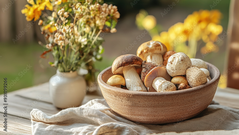 A rustic bowl of fresh mushrooms next to a vase of wildflowers on a wooden table, portraying a natural and earthy charm. A rustic bowl of fresh mushrooms next to a vase of wildflowers on a wooden table, portraying a natural and earthy charm.