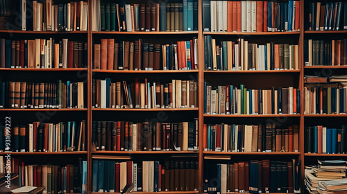 A bookshelf with freshly arranged books, Monday morning, organized and ready