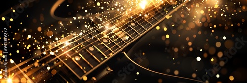 A guitar with gold sparkles on it. The guitar is the main focus of the image. The sparkles give the guitar a shiny and glamorous appearance