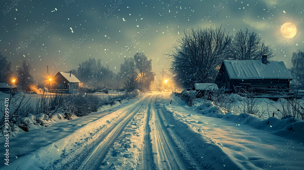 Snowy rural road illuminated by street lamps under a full moon during winter night Snowy rural road illuminated by street lamps under a full moon during winter night