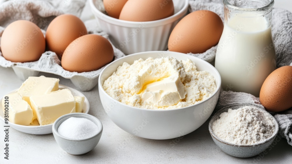 An assortment of baking essentials like eggs, butter, flour, and milk are artfully arranged on a rustic kitchen surface, ready for baking. An assortment of baking essentials like eggs, butter, flour, and milk are artfully arranged on a rustic kitchen surface, ready for baking.