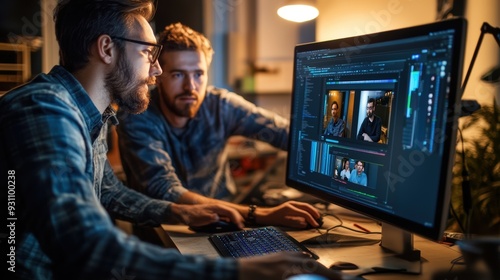 Two creative professionals collaborate intently while editing a project on a computer in a modern office, illuminated by warm lighting.