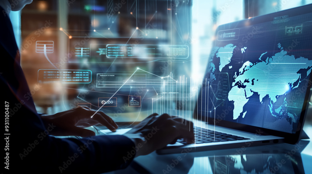 A person is using an AI technology device to interact with digital data and graphs on the screen, while sitting at their desk in front of them.
A person is using an AI technology device to interact with digital data and graphs on the screen, while sitting at their desk in front of them.