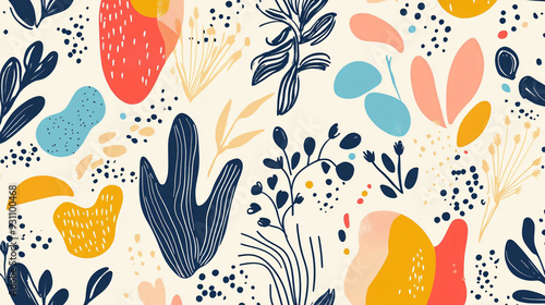 Abstract fluid shapes and botanical motifs in a vibrant color palette, arranged in a seamless pattern on a light backdrop