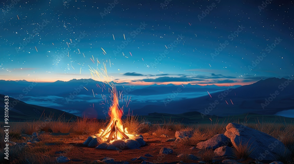 A glowing campfire under a clear starry night sky. peaceful and serene outdoor environment with mountains in the background. Generative AI. A glowing campfire under a clear starry night sky. peaceful and serene outdoor environment with mountains in the background. Generative AI.