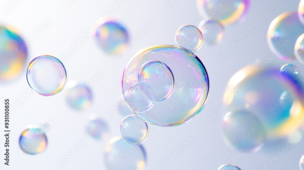 Floating soap bubbles in mid-air on a clean white background, reflecting light and creating a playful, whimsical scene. Floating soap bubbles in mid-air on a clean white background, reflecting light and creating a playful, whimsical scene.