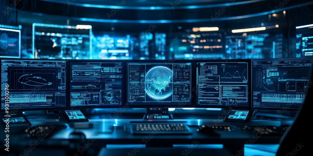Fototapeta premium Close-up of an advanced space mission control room, with holographic displays, data analysis screens, and a view of a distant spacecraft