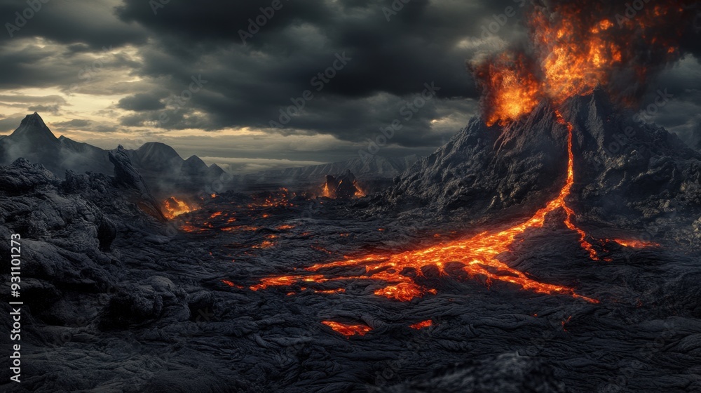 Volcanic landscape with erupting lava, jagged rocks, and an ominous sky, capturing the power and intensity of nature.