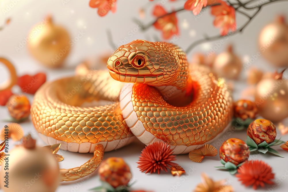 Chinese gold snake with happy lunar new year theme on white background Chinese gold snake with happy lunar new year theme on white background