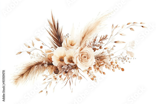 Watercolor boho wedding bouquet with feathers and dried flowers