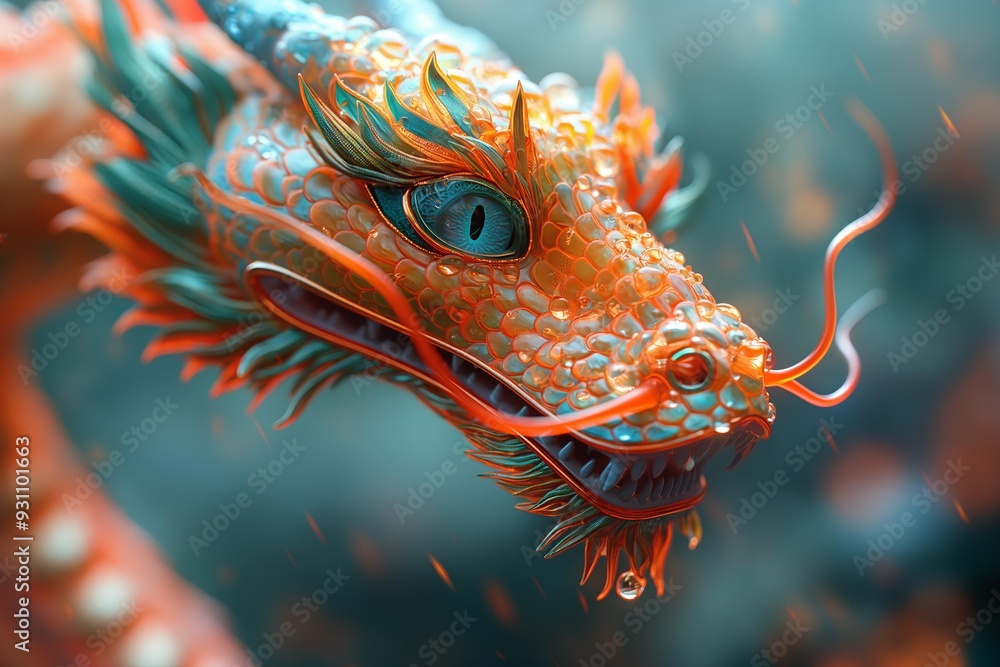 A detailed orange dragon sculpture with blue accents against a mystical background A detailed orange dragon sculpture with blue accents against a mystical background