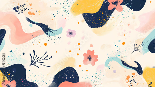Colorful fluid organic shapes and delicate flowers scattered across a pastel background in a seamless abstract pattern 1