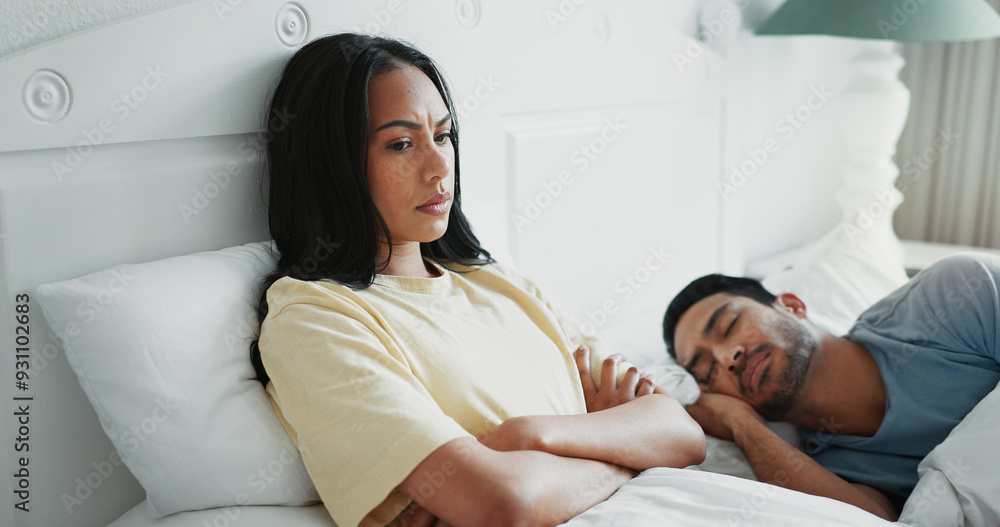 Obraz premium Angry, sleeping and couple in bed at house with divorce for infidelity, cheating or affair. Upset, rest and woman with insomnia for argument with boyfriend for toxic relationship in bedroom at home.