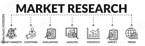 Banner of market research web vector illustration concept with icons of target market, customer, evaluation, analysis, statistics, survey, trend