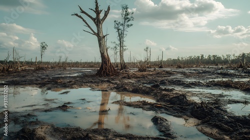 30. A toxic sludge-covered landscape with dead vegetation and polluted waters photo