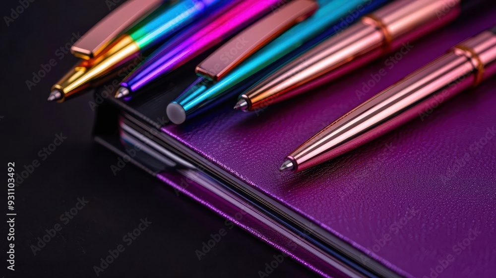 Fototapeta premium Close-up of luxurious pens and notebooks with metallic accents, bathed in colorful lightning, stationery design, lightning effect
