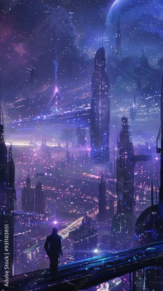 Fototapeta premium A lone figure stands on a futuristic rooftop overlooking a glowing cityscape.