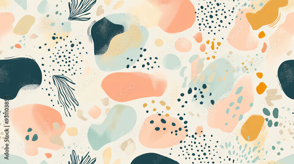 Layered fluid shapes with pastel colors and botanical accents, creating a whimsical abstract pattern on a seamless background2 Layered fluid shapes with pastel colors and botanical accents, creating a whimsical abstract pattern on a seamless background2
