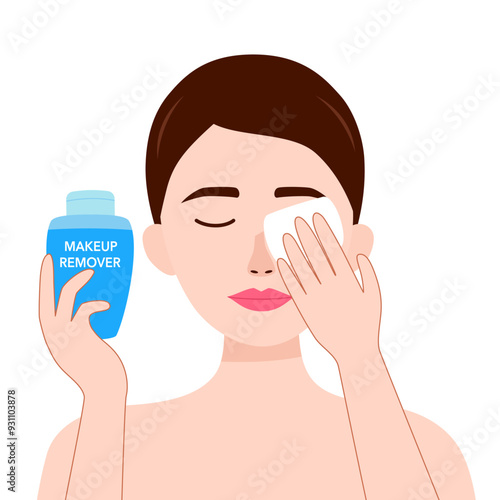 Woman holding a bottle of makeup remover water in her hand. Wipes her face with a cotton pad. Skin care, cleaning cosmetics.