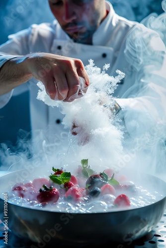 Chef using molecular gastronomy technique to prepare a dessert with liquid nitrogen photo