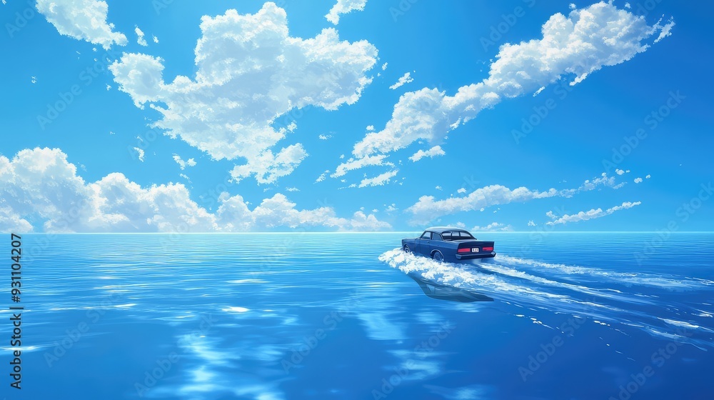 Naklejka premium An anime-style landscape of a vintage car speeding across a calm blue ocean, with a nearly cloudless sky and no land in sight.