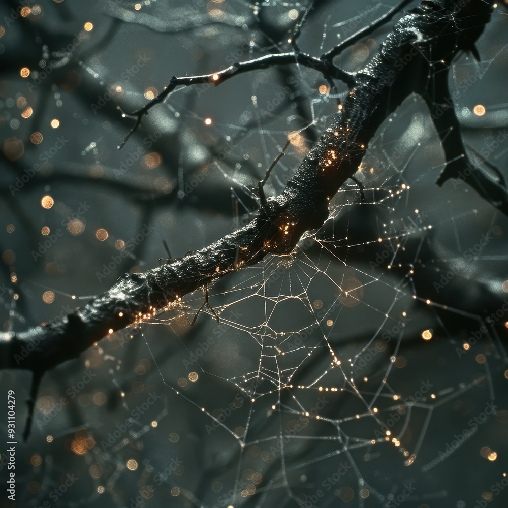 Spider Webs with Tiny Spiders in Eerie Night Lighting Spider Webs with Tiny Spiders in Eerie Night Lighting