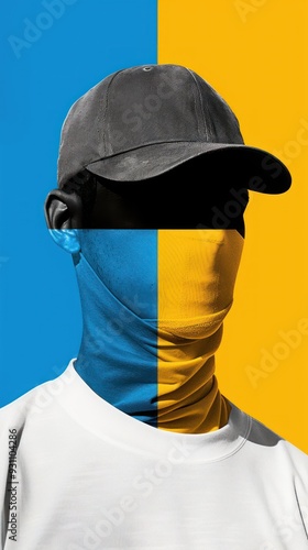 Person wearing a blue and yellow face covering, partially obscured by a black cap, against a blue and yellow background. photo