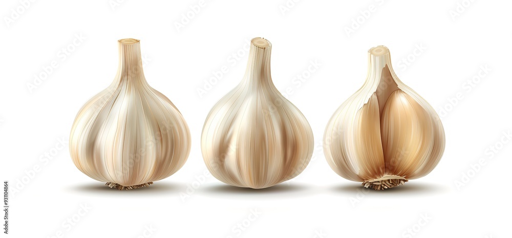 Three whole garlic bulbs, one with cloves exposed, isolated on a white background. Three whole garlic bulbs, one with cloves exposed, isolated on a white background.