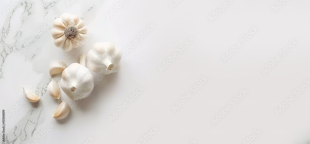 Fresh garlic cloves on a white marble surface. The garlic is whole, peeled and in pieces. Fresh garlic cloves on a white marble surface. The garlic is whole, peeled and in pieces.