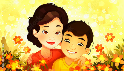 Smiling Woman and Boy Posing with Flowers