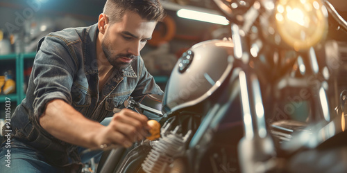 A man working on motorcycle in a garage performing maintenance and repair on engine parts. 