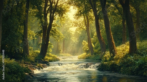 Sunlight Through Trees On A Forest Stream