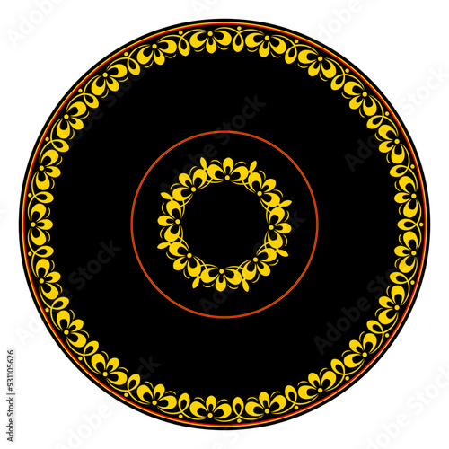 Ornament in style of Russian national tradition. Hohloma in red, gold  and black colors, floral border in traditional Old russian style.Traditional Russian folk style hohloma, folk motif. Vector twigs