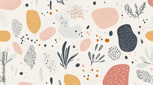 Seamless organic shapes pattern with pastel tones, botanical motifs, and scattered whimsical dots2