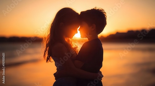 Siblings embracing on a quiet beach at sunset, their silhouettes framed by the golden light, a moment of joyful reunion and deep love photo