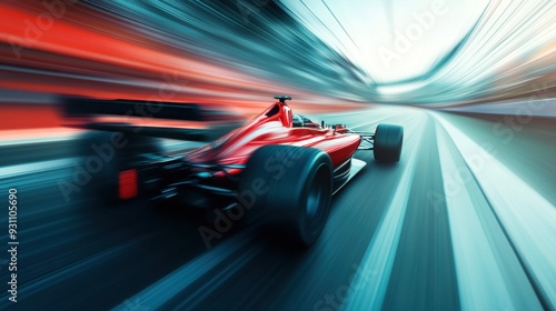 A race car zooms past the finishing line at high speed with motion blur creating an intense sense of action and energy.