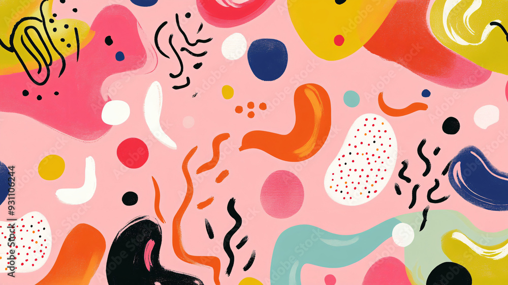 Vibrant abstract pattern with organic curves, flowing shapes, and scattered whimsical dots on a soft pink background1 Vibrant abstract pattern with organic curves, flowing shapes, and scattered whimsical dots on a soft pink background1