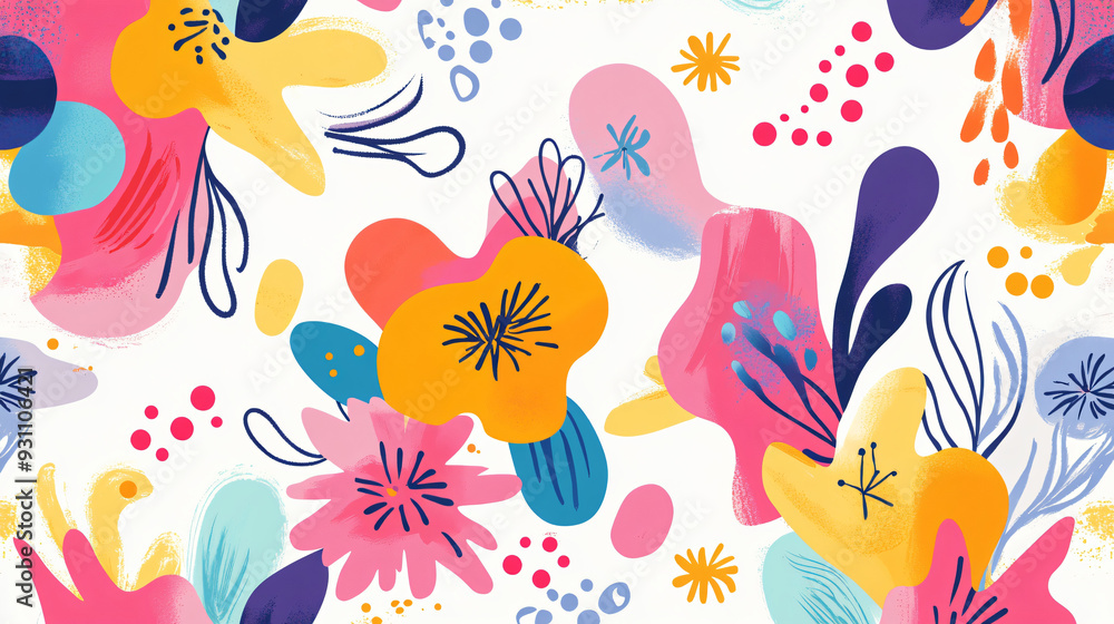 Vibrant abstract shapes pattern with organic fluid forms and small whimsical flowers, set on a clean white background4