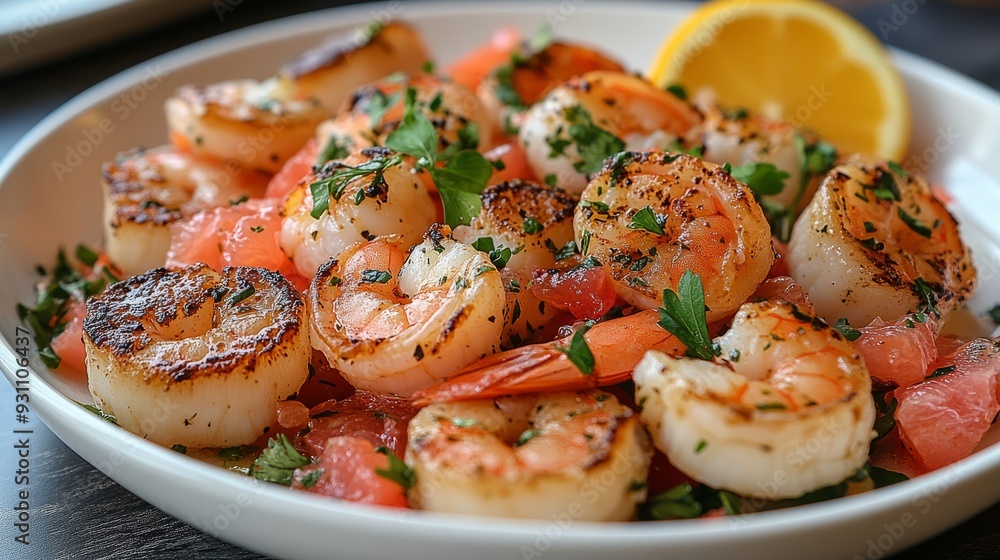 A seafood salad with shrimp scallops and crab meat 554 food, chicken, meal, dinner, gourmet, plate, meat, salad, fish, dish, cheese, white, cuisine, seafood, lunch, tomato, healthy, fried, grilled, v A seafood salad with shrimp scallops and crab meat 554 food, chicken, meal, dinner, gourmet, plate, meat, salad, fish, dish, cheese, white, cuisine, seafood, lunch, tomato, healthy, fried, grilled, v