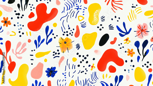 Vibrant abstract shapes pattern with organic fluid forms and small whimsical flowers, set on a clean white background3