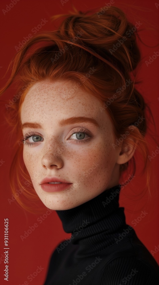 Captivating Portrait of a Stunning Redheaded Woman in a Dramatic Red Backdrop Captivating Portrait of a Stunning Redheaded Woman in a Dramatic Red Backdrop