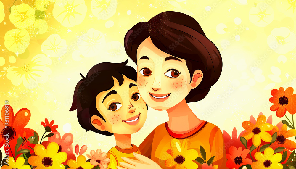 Mother and Son Smiling Together with Flowers Mother and Son Smiling Together with Flowers
