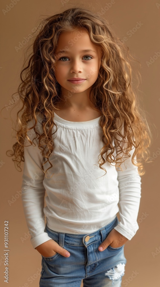 Cheerful Young Girl with Curly Brown Hair in Casual Outfit Posing for Portrait Photography Cheerful Young Girl with Curly Brown Hair in Casual Outfit Posing for Portrait Photography
