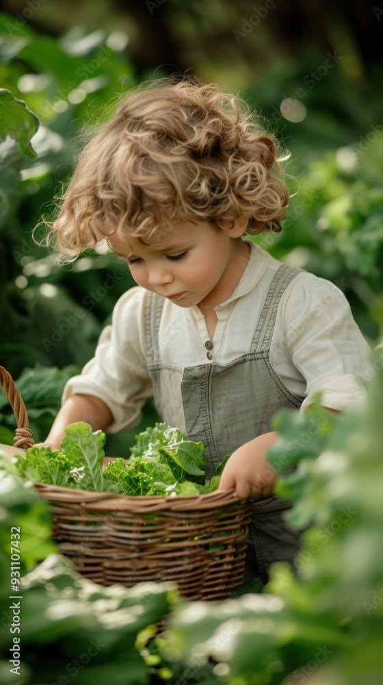 Fototapeta premium Curious Child Exploring Nature in the Garden with Basket of Greens